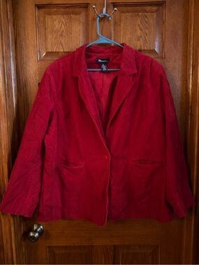 Denim & Co. 2X Red Button Front Blazer Jacket Lined Collared Pockets corduroy